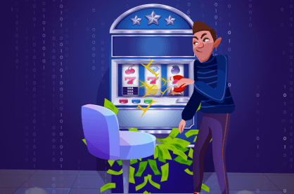 Graphic of a man cheating a slot machine with a magnet.